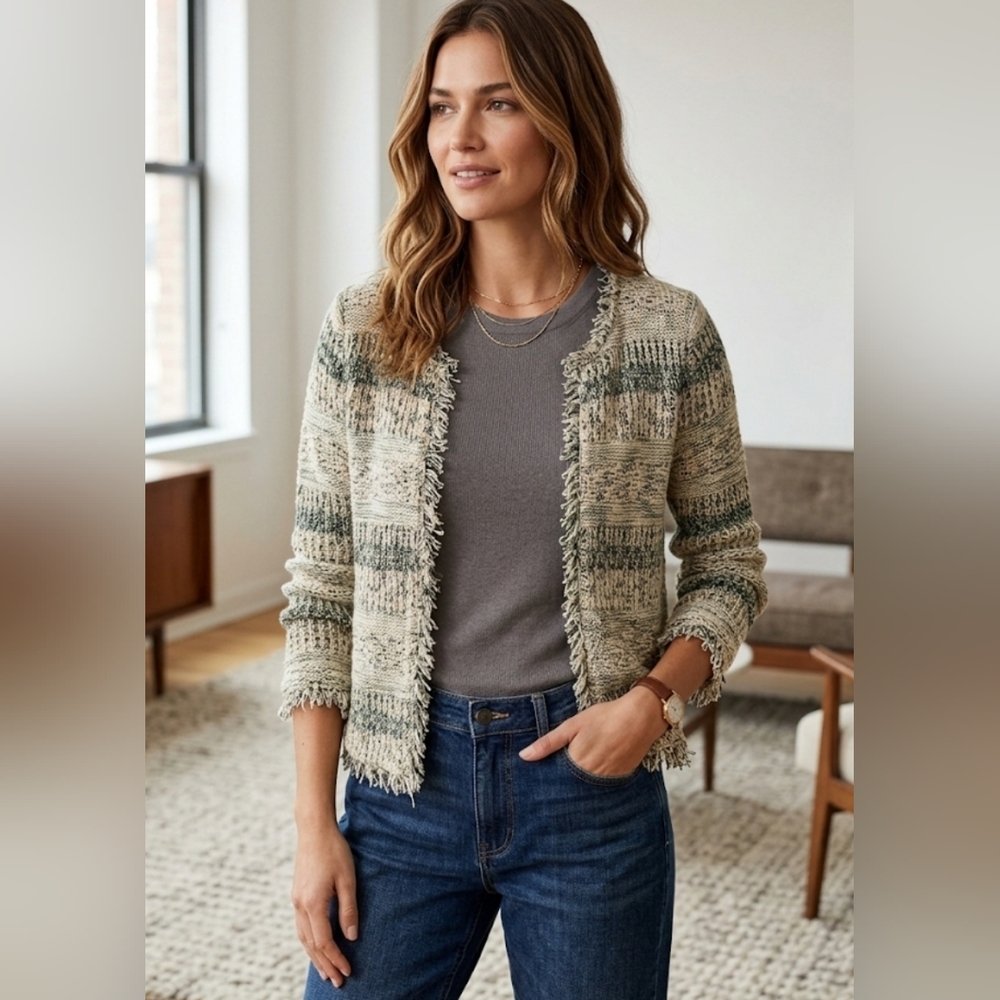 Massimo Dutti Textured Knit Tweed Jacket Fringed Hem Cream Green Small